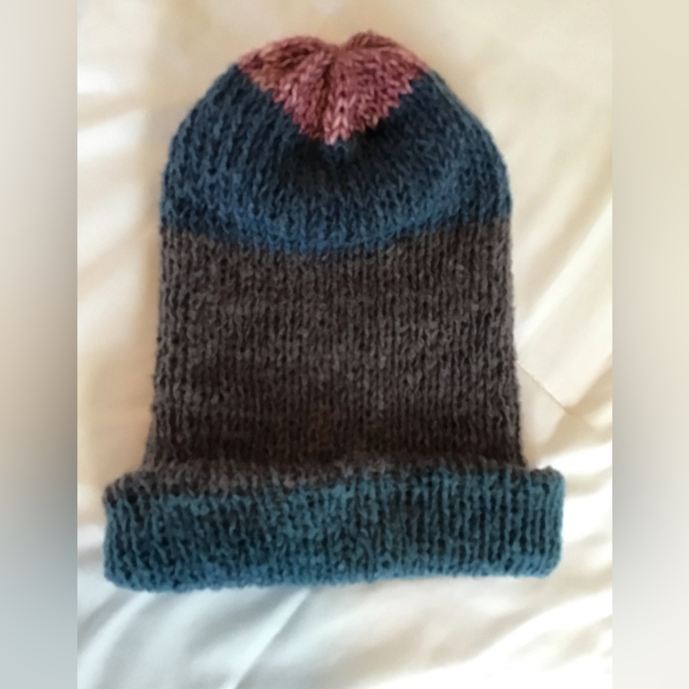 Elegant Knit Reversible Beanie in Shades of Blue, Dk Grey, Dk Olive & Raspberry